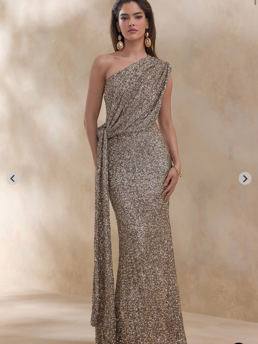 One-Shoulder Metallic Gold Sequin Evening Dress